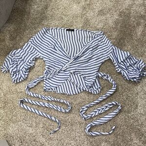 NWOT Blue & White Stripe Wrap Top w Ruffle Sleeves